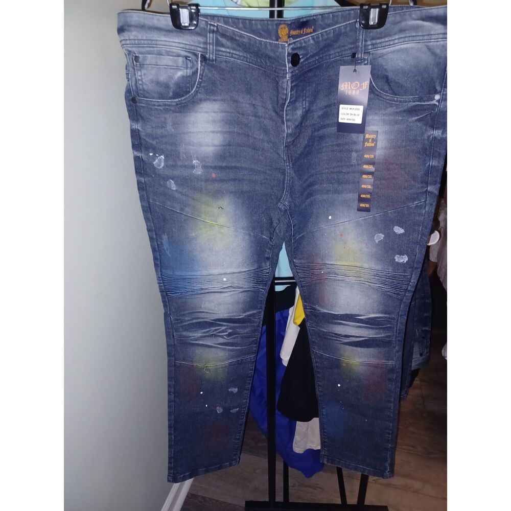 Ministry of Fashion Men's Moto Jeans Size 40x32 Blue Paint Splatter Slim Fit NWT